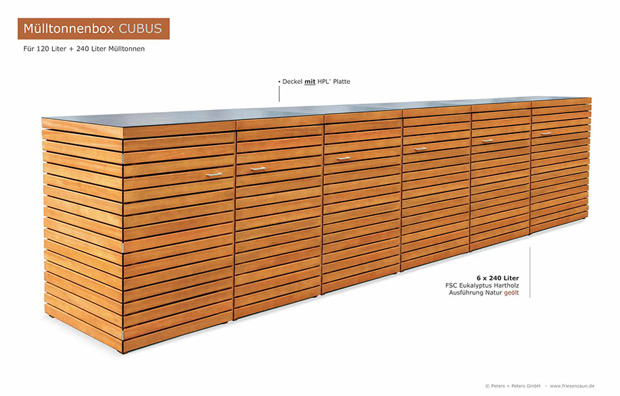 6er Müllbox 120 + 240 Liter  Mülltonnenbox CUBUS 120 + 240 Liter  - astfreies FSC Eukalyptus Hartholz, Ausführung Holz Natur geölt 
