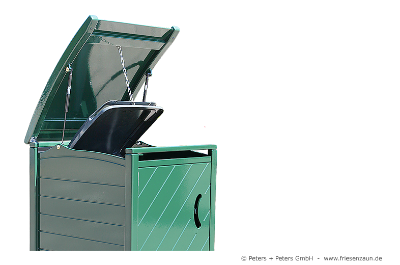 Grün lackierte Mülltonnenbox SYLT - 1 x 120 Liter Tonnenhaus - Mülltonnenverkleidung SYLT Holz RAL 6009 - Gasdruckfedern, Edelstahl Zubehör