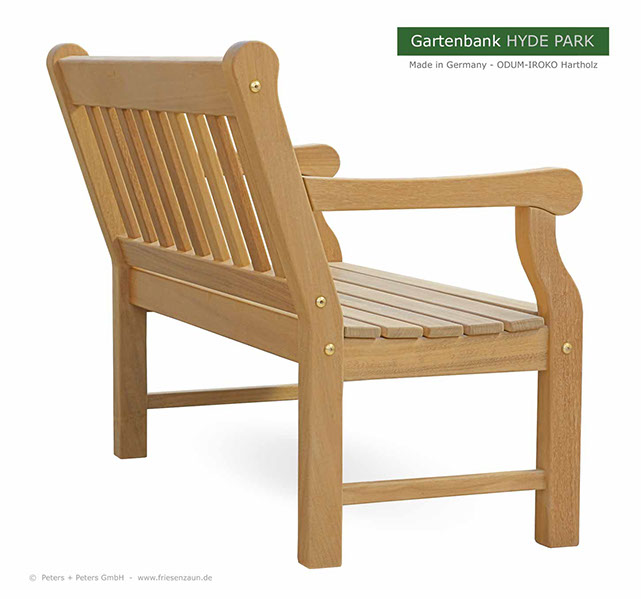 Englische Gartenbänke HYDE PARK aus ODUM-IROKO Hartholz - Weiße Holzgartenbänke Made in Germany