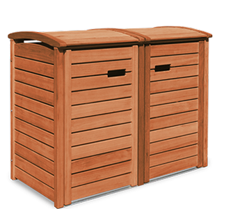 Hochwertige  Mülltonnenbox aus Holz in Tischlerqualität. Besonders massives  Eukalyptus Hartholz (FSC), Edelstahl-Zubehör. Ab EUR 519,00