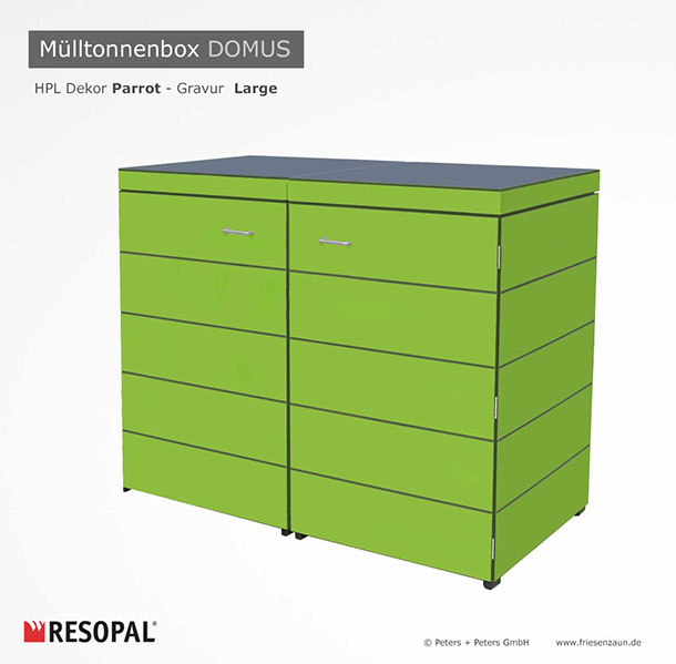 Moderne Mülltonnenbox DOMUS aus HPL-Dekorplatten - Tonnenhaus für 120 + 240 Liter  Abfalltonnen - unendlich verlängerbar - Gasdruckfedern