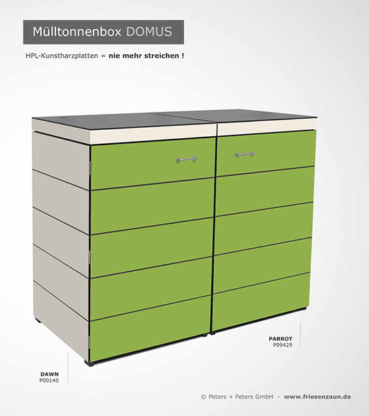 Moderne Mülltonnenbox DOMUS aus HPL-Dekorplatten - Tonnenhaus für 120 + 240 Liter  Abfalltonnen - unendlich verlängerbar - Gasdruckfedern