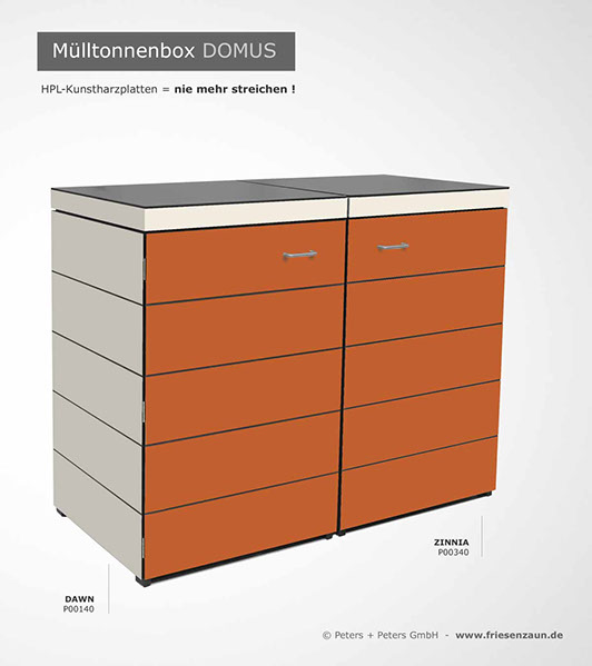 Moderne Mülltonnenbox DOMUS aus HPL-Dekorplatten - Tonnenhaus für 120 + 240 Liter  Abfalltonnen - unendlich verlängerbar - Gasdruckfedern
