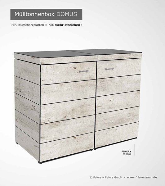 Moderne Mülltonnenbox DOMUS aus HPL-Dekorplatten - Tonnenhaus für 120 + 240 Liter  Abfalltonnen - unendlich verlängerbar - Gasdruckfedern