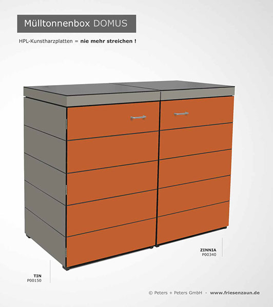 Moderne Mülltonnenbox DOMUS aus HPL-Dekorplatten - Tonnenhaus für 120 + 240 Liter  Abfalltonnen - unendlich verlängerbar - Gasdruckfedern