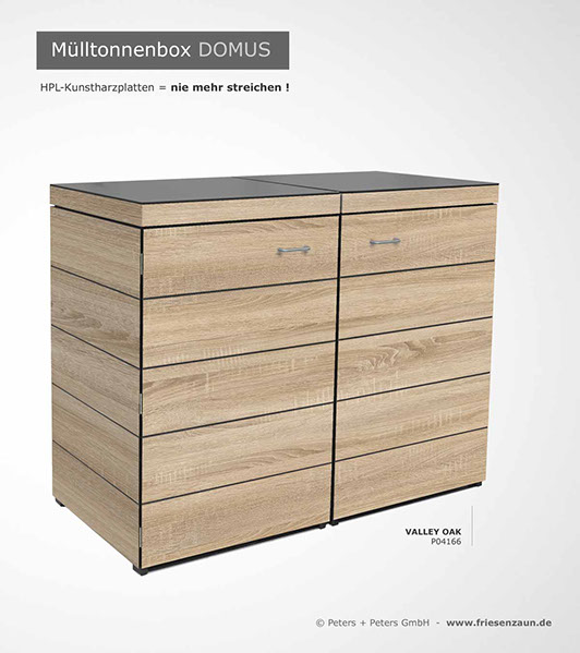 Moderne Mülltonnenbox DOMUS aus HPL-Dekorplatten - Tonnenhaus für 120 + 240 Liter  Abfalltonnen - unendlich verlängerbar - Gasdruckfedern