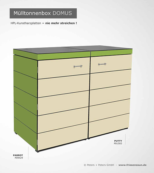 Moderne Mülltonnenbox DOMUS aus HPL-Dekorplatten - Tonnenhaus für 120 + 240 Liter  Abfalltonnen - unendlich verlängerbar - Gasdruckfedern