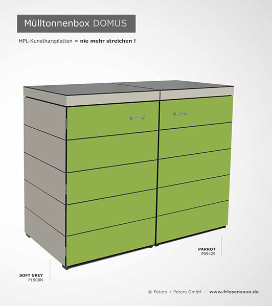 Moderne Mülltonnenbox DOMUS aus HPL-Dekorplatten - Tonnenhaus für 120 + 240 Liter  Abfalltonnen - unendlich verlängerbar - Gasdruckfedern
