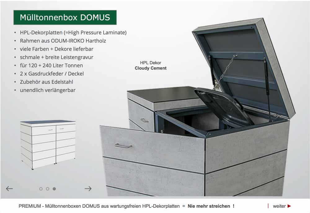 Moderne Mülltonnenbox DOMUS aus wartungsfreien HPL-Kunstharzplatten - 80, 120, 240 Liter - unendlich verlängerbar - Dekor Cloudy Cement.
