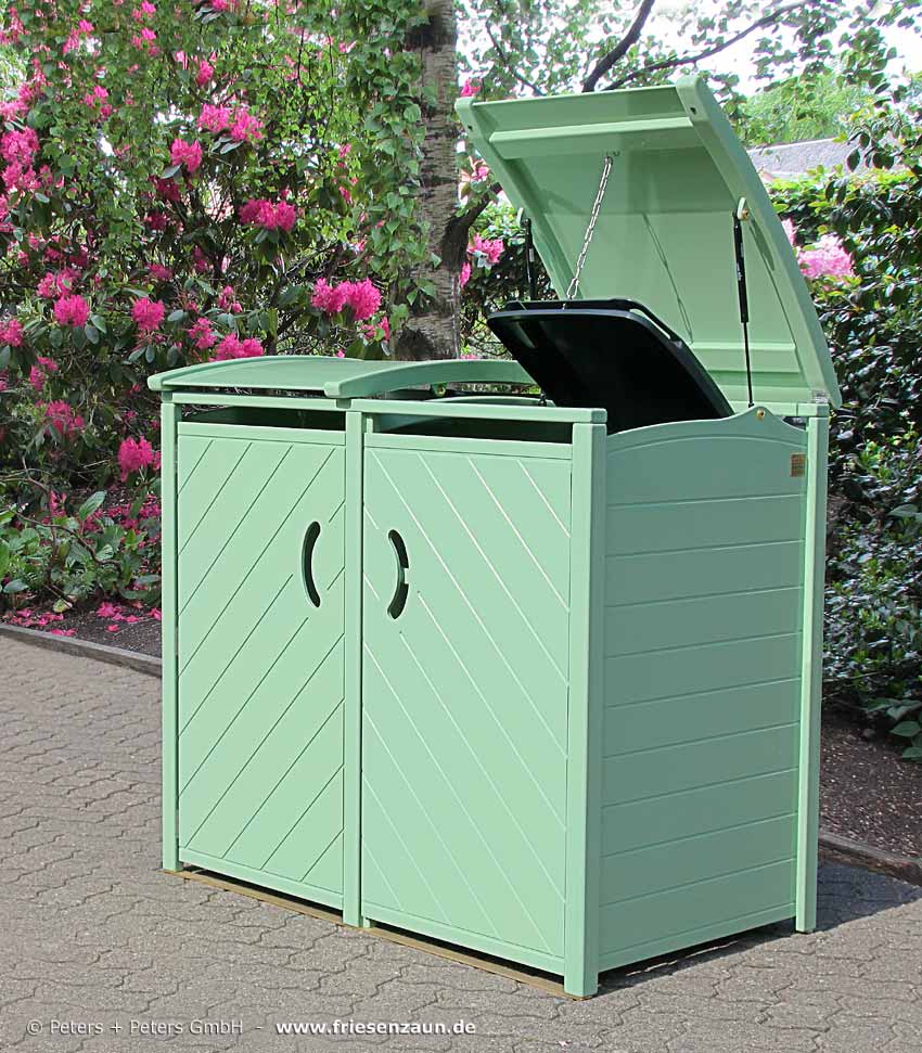 Sylter Mülltonnenverkleidung für 120 Liter oder 240 Liter Mülltonnen - Gasdruckfedern - Edelstahl-Zubehör.