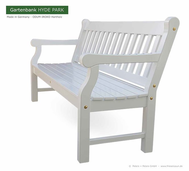 Englische Gartenbänke HYDE PARK aus ODUM-IROKO Hartholz - Weiße Holzgartenbänke Made in Germany
