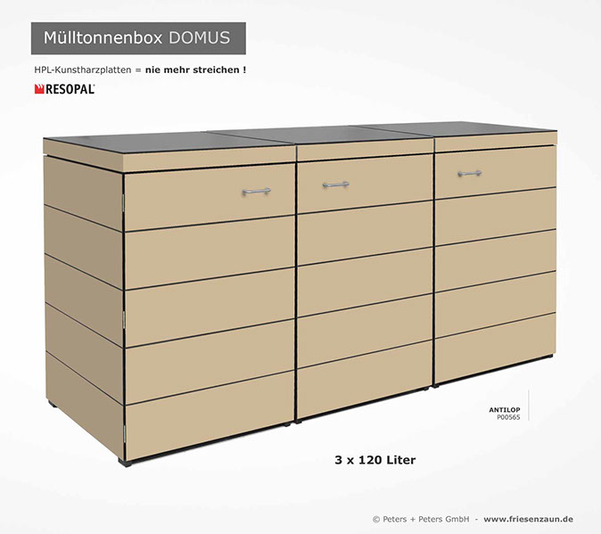Moderne Mülltonnenbox DOMUS aus HPL-Dekorplatten - Tonnenhaus für 120 + 240 Liter  Abfalltonnen - unendlich verlängerbar - Gasdruckfedern
