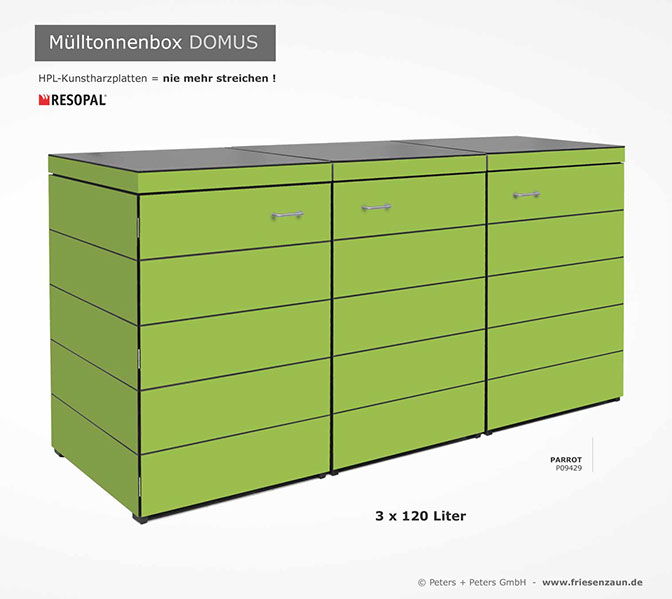 Moderne Mülltonnenbox DOMUS aus HPL-Dekorplatten - Tonnenhaus für 120 + 240 Liter  Abfalltonnen - unendlich verlängerbar - Gasdruckfedern