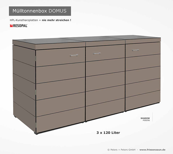 Moderne Mülltonnenbox DOMUS aus HPL-Dekorplatten - Tonnenhaus für 120 + 240 Liter  Abfalltonnen - unendlich verlängerbar - Gasdruckfedern