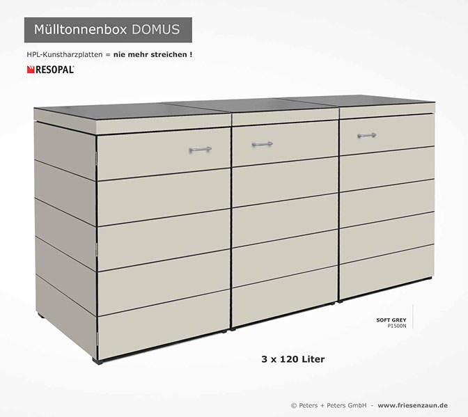 Moderne Mülltonnenbox DOMUS aus HPL-Dekorplatten - Tonnenhaus für 120 + 240 Liter  Abfalltonnen - unendlich verlängerbar - Gasdruckfedern