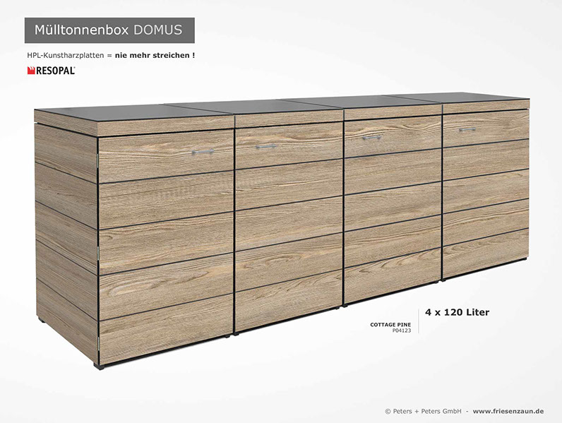 Moderne Mülltonnenbox DOMUS aus HPL-Dekorplatten - Tonnenhaus für 120 + 240 Liter  Abfalltonnen - unendlich verlängerbar - Gasdruckfedern