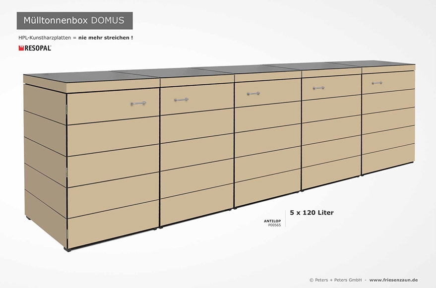 Moderne Mülltonnenbox DOMUS aus HPL-Dekorplatten - Tonnenhaus für 120 + 240 Liter  Abfalltonnen - unendlich verlängerbar - Gasdruckfedern
