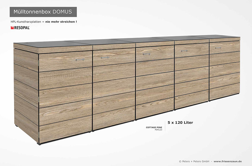 Moderne Mülltonnenbox DOMUS aus HPL-Dekorplatten - Tonnenhaus für 120 + 240 Liter  Abfalltonnen - unendlich verlängerbar - Gasdruckfedern