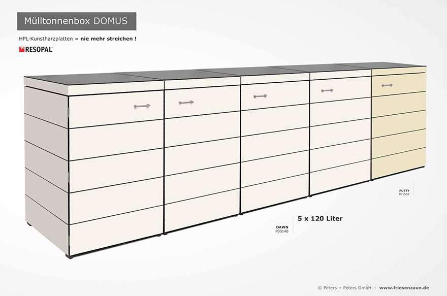 Moderne Mülltonnenbox DOMUS aus HPL-Dekorplatten - Tonnenhaus für 120 + 240 Liter  Abfalltonnen - unendlich verlängerbar - Gasdruckfedern