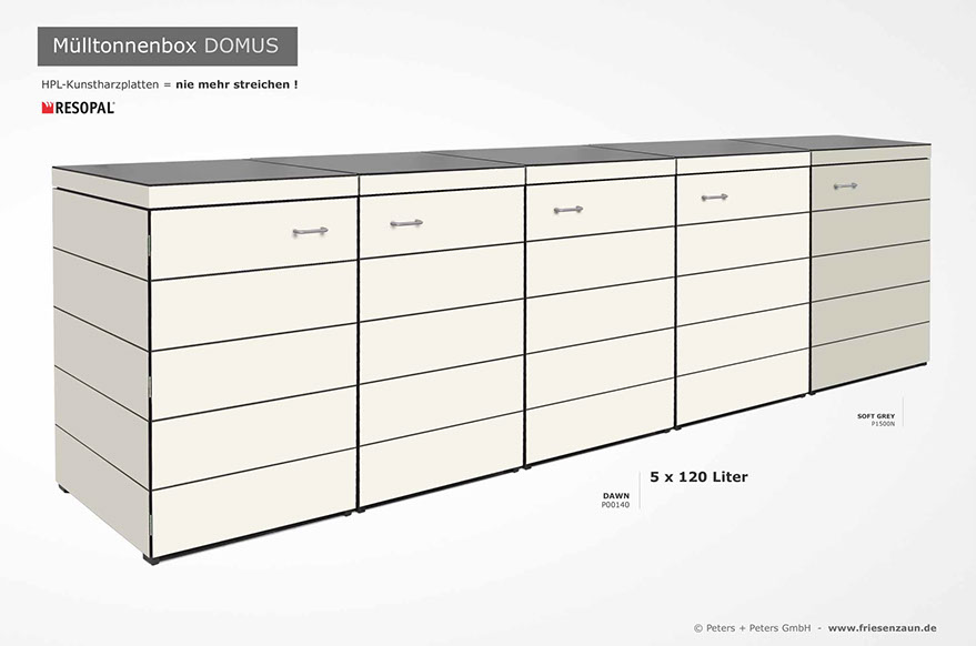 Moderne Mülltonnenbox DOMUS aus HPL-Dekorplatten - Tonnenhaus für 120 + 240 Liter  Abfalltonnen - unendlich verlängerbar - Gasdruckfedern