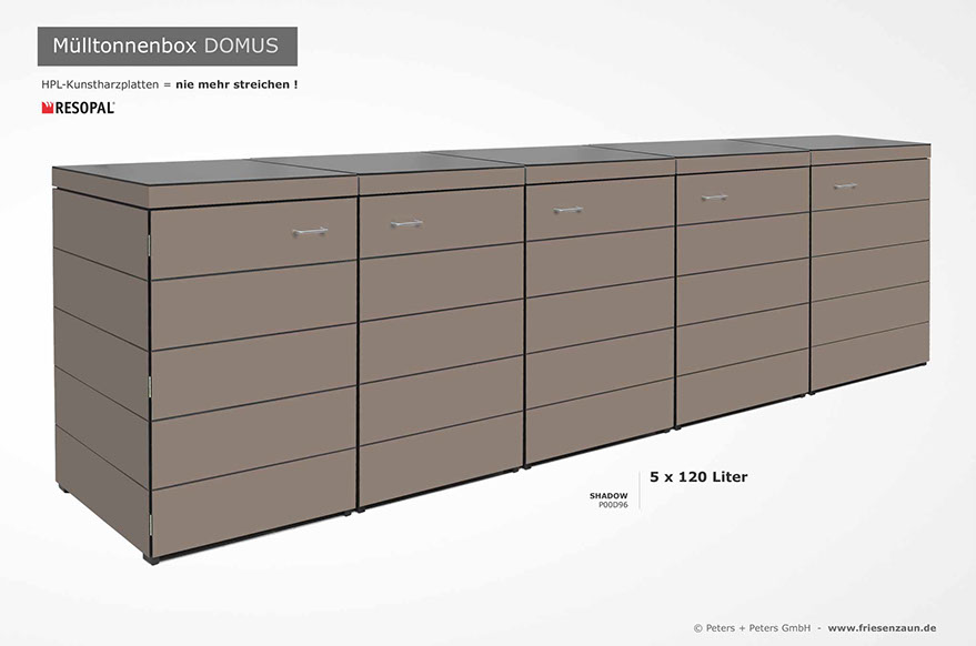 Moderne Mülltonnenbox DOMUS aus HPL-Dekorplatten - Tonnenhaus für 120 + 240 Liter  Abfalltonnen - unendlich verlängerbar - Gasdruckfedern