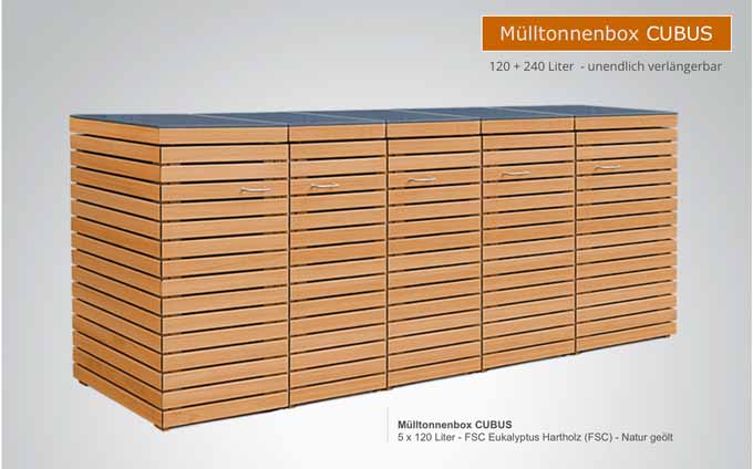 5er Müllbox-Tonnenschrank Holz 120 + 240 Liter - modern und edel - Gasdruckfedern - Edelstahlgriffe - HPL Abdeckplatten