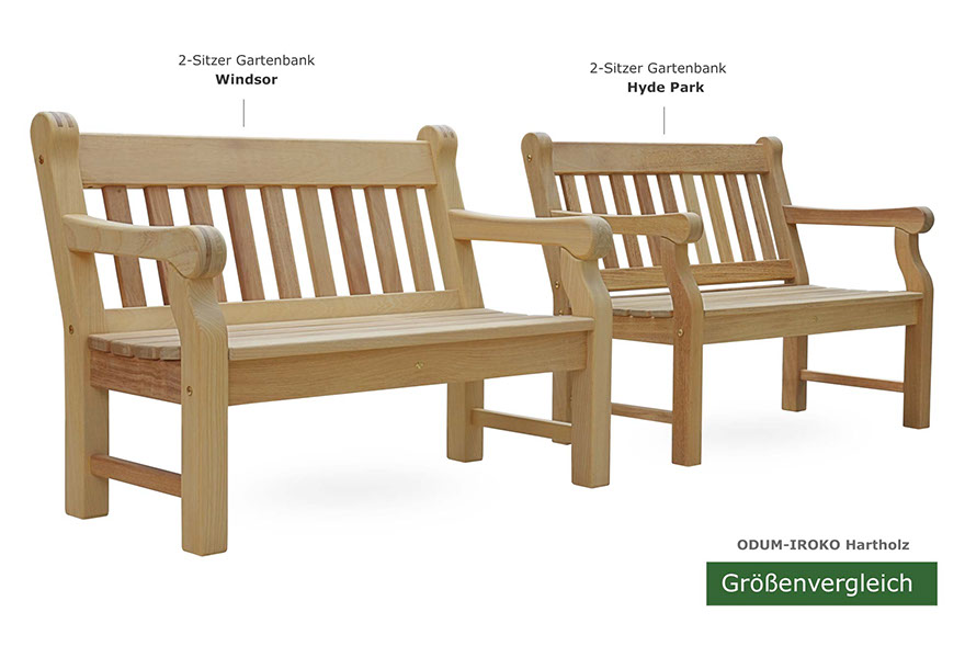 Englische Gartenbänke HYDE PARK aus ODUM-IROKO Hartholz - Weiße Holzgartenbänke Made in Germany