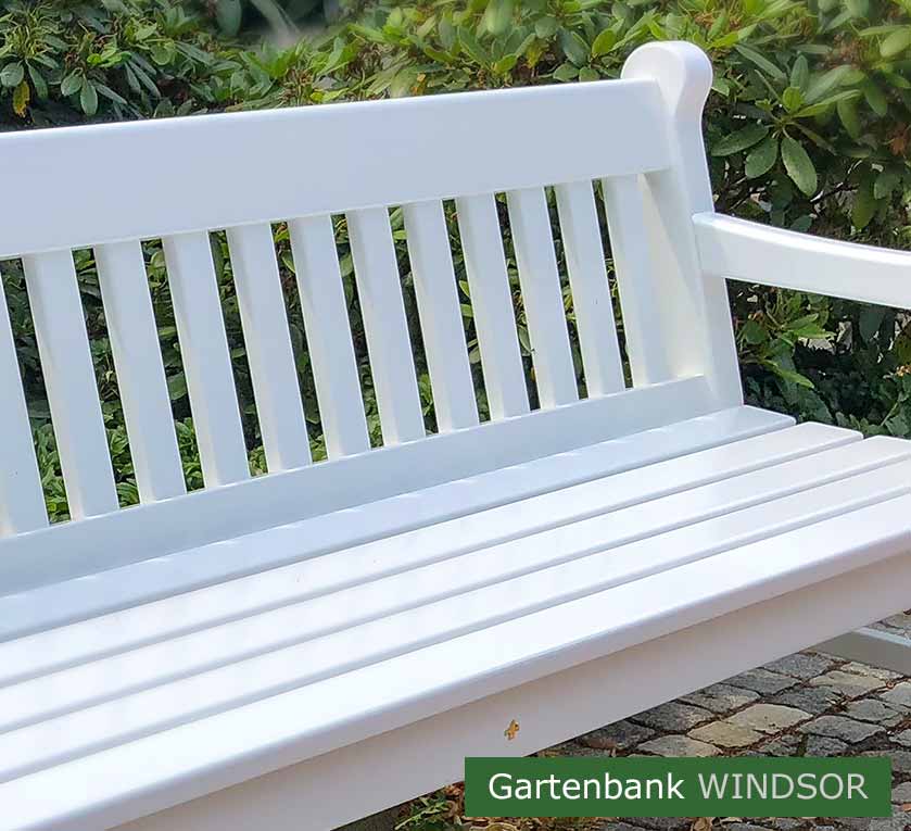 Englische Gartenbank WINDSOR weiß - 2er + 3er Gartenbank Hartholz. Lieferbar in weiß oder in jedem anderen RAL-Farbton.