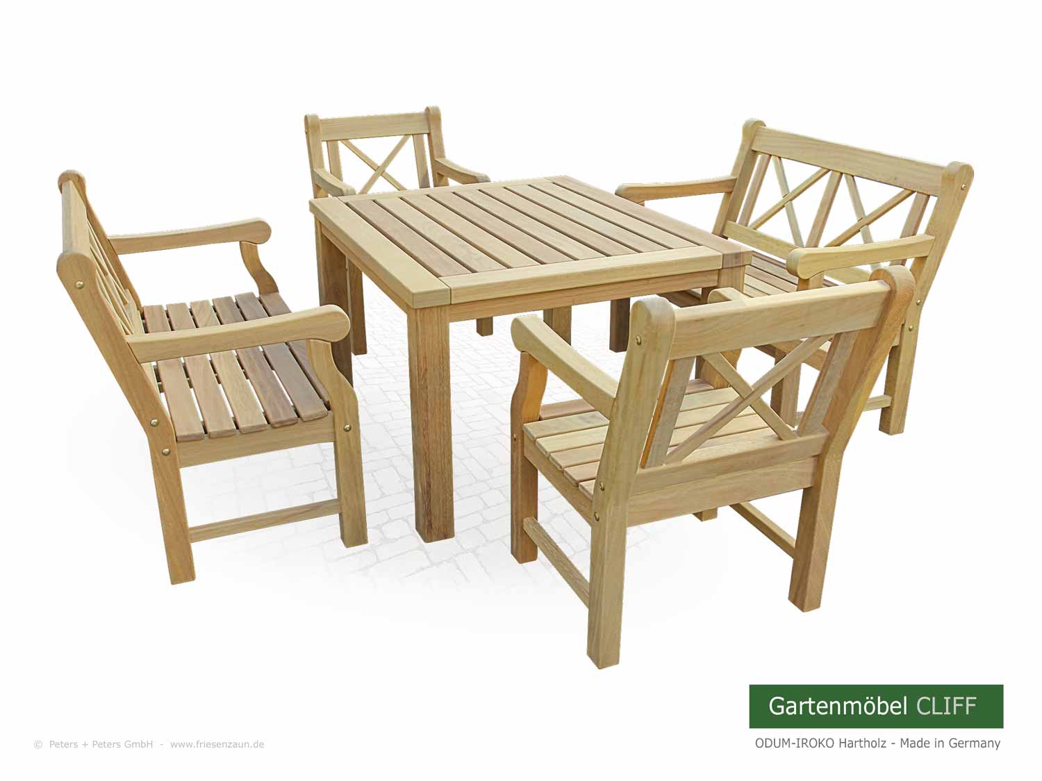 Klassische Holzgartenbank CLIFF - ODUM-IROKO Hartholz - Englische Gartenbänke aus deutscher Produktion