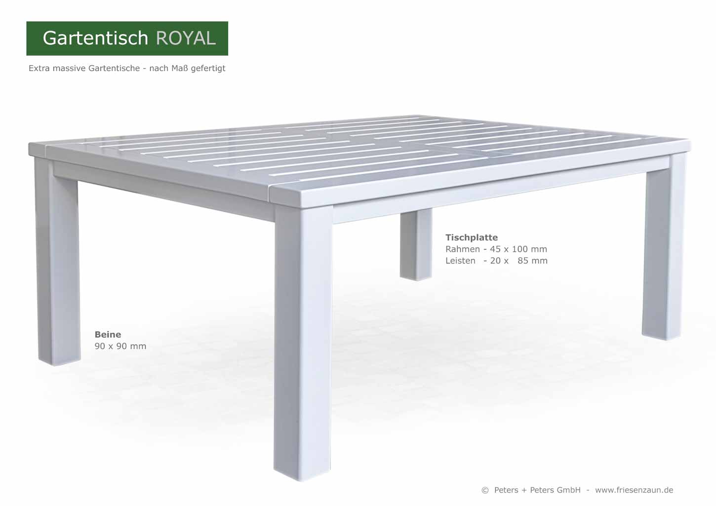 Gartentische aus dauerhaftem ODUM-IROKO Hartholz - Anfertigung nach Maß. Lieferbar in Natur, weiß und mehr als 200 RAL-Farben