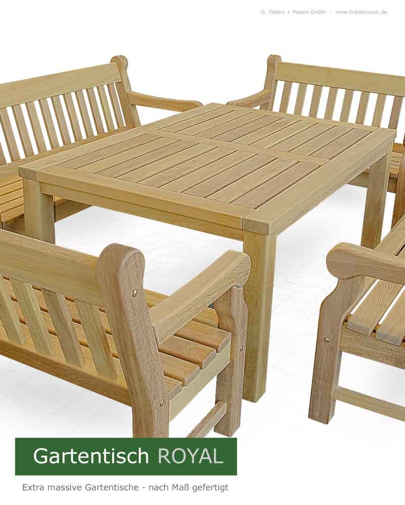 Gartentische aus dauerhaftem ODUM-IROKO Hartholz - Anfertigung nach Maß. Lieferbar in Natur, weiß und mehr als 200 RAL-Farben