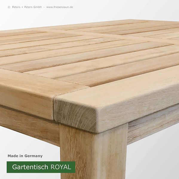 Gartentische aus dauerhaftem ODUM-IROKO Hartholz - Anfertigung nach Maß. Lieferbar in Natur, weiß und mehr als 200 RAL-Farben