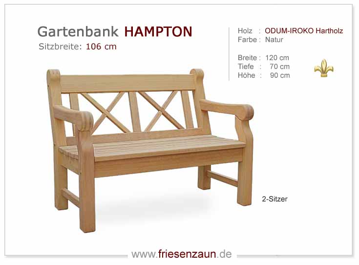 2-Sitzer Holzgartenbank HAMPTON - Breite 120 cm - Massives Holz - Made in Norddeutschland