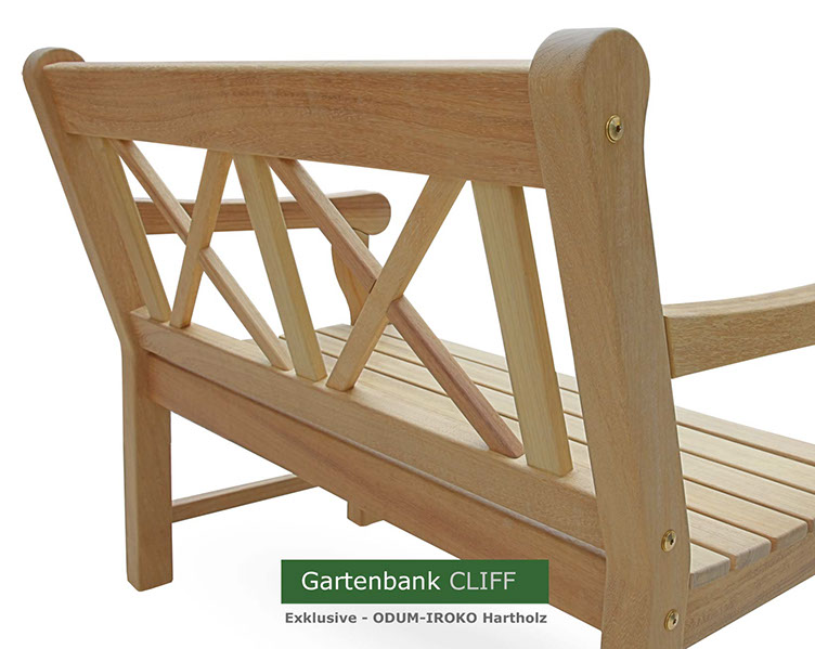 Klassische Holzgartenbank CLIFF - ODUM-IROKO Hartholz - Englische Gartenbänke aus deutscher Produktion