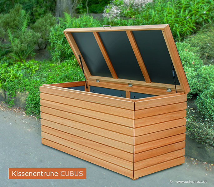 Moderne Kissentruhe CUBUS - astfreies FSC Eukalpthus Hartholz - extra stabile Ausführung - 2 Stück Gasdruckfedern je Deckel.
