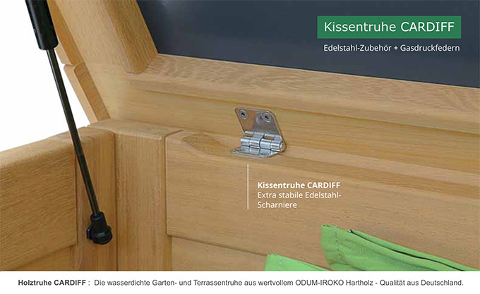 Premium Kissentruhe aus wertvollem Hartholz - Edelstahlzubehör - Gasdruckfedern - weiß, grün RAL lackiert - Auflagentruhe für Haus Garten Balkon