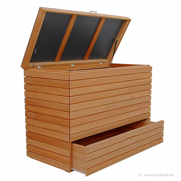 Moderne Kissentruhe CUBUS - astfreies FSC Eukalpthus Hartholz - extra stabile Ausführung - 2 Stück Gasdruckfedern je Deckel.