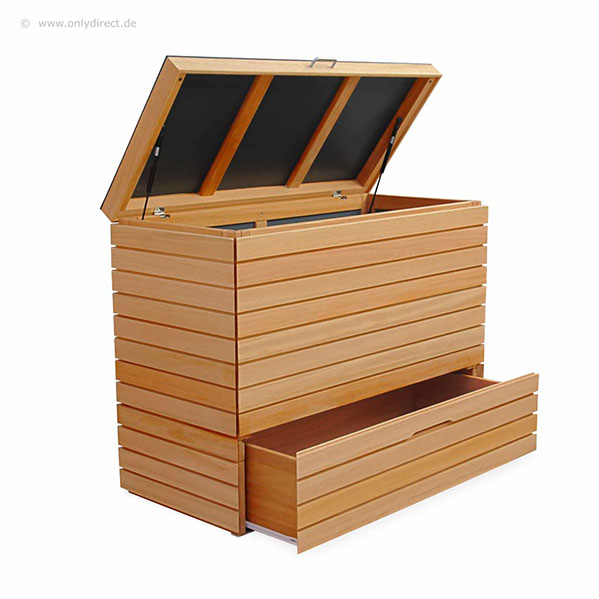 Moderne Kissentruhe CUBUS - astfreies FSC Eukalpthus Hartholz - extra stabile Ausführung - 2 Stück Gasdruckfedern je Deckel.