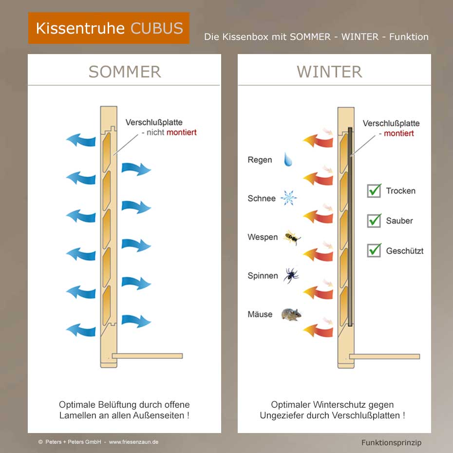 Moderne Kissentruhe CUBUS - astfreies FSC Eukalpthus Hartholz - extra stabile Ausführung - 2 Stück Gasdruckfedern je Deckel.