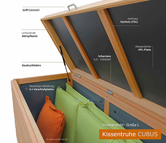 Auflagenbox - Kissenbox CUBUS - Modernes Cubus Design für Ihre Auflagen - astfreies Hartholz (FSC) - modernes Design.