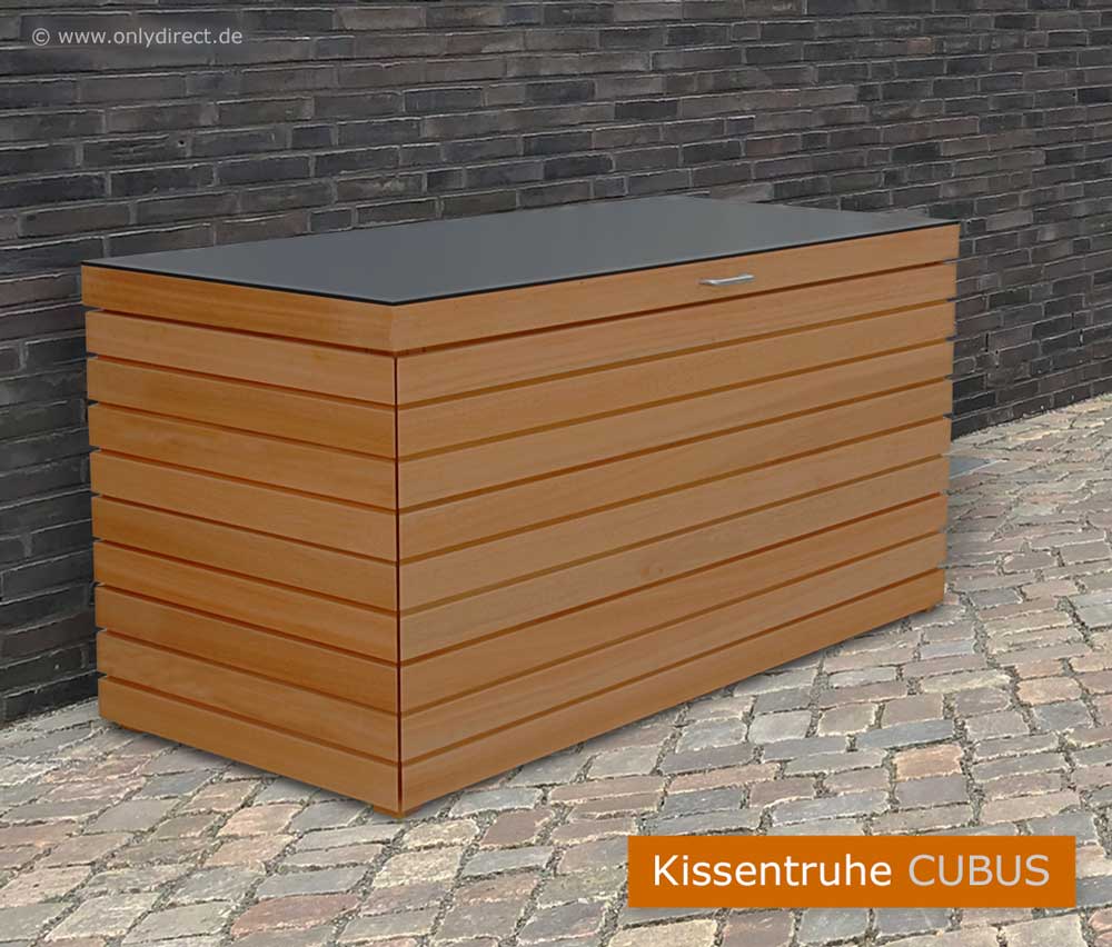 Moderne Kissentruhe CUBUS - astfreies FSC Eukalpthus Hartholz - extra stabile Ausführung - 2 Stück Gasdruckfedern je Deckel.
