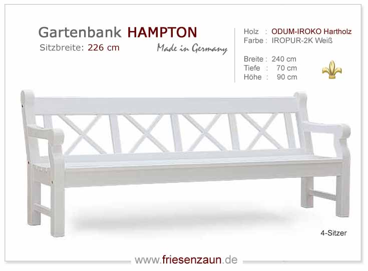4er Gartenbank Hampton -  Gesamtbreite 240 cm - Sitzbreite 226 cm. Lieferbar in weiß oder in jedem anderen RAL-Farbton.
