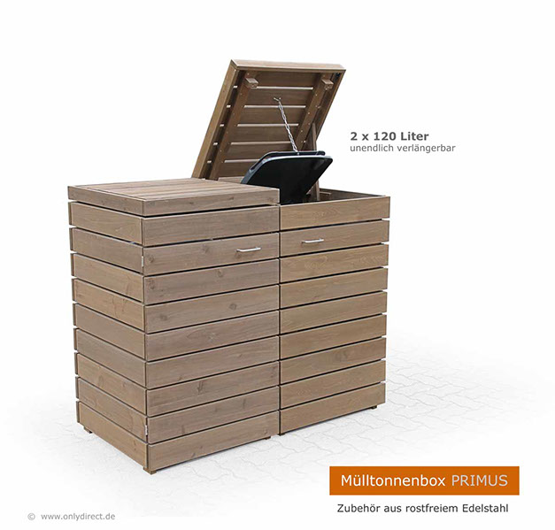 Extra stabil und besonders schön - Mülltonnenbox PRIMUS im modernem Cubus Design - FSC Zedernholz - braun gebeizt.