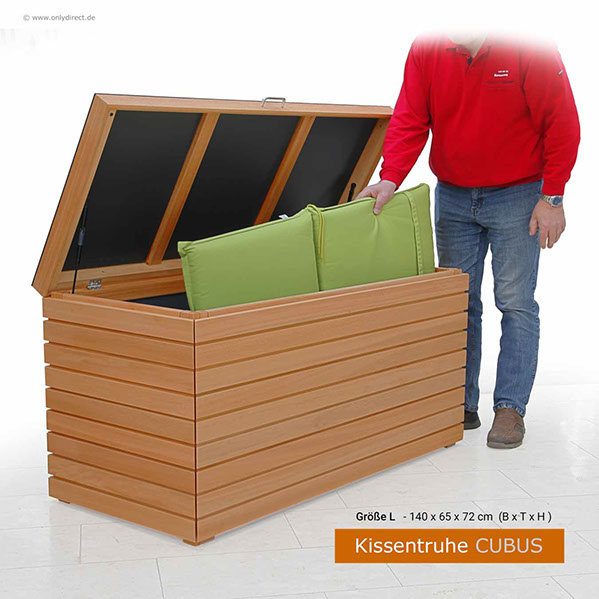 Moderne Kissentruhe CUBUS - astfreies FSC Eukalpthus Hartholz - extra stabile Ausführung - 2 Stück Gasdruckfedern je Deckel.