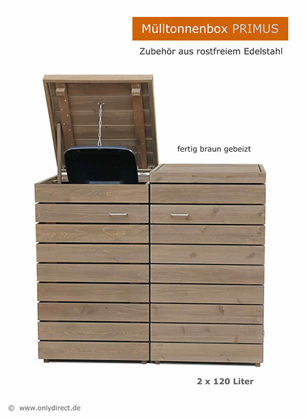 Extra stabil und besonders schön - Mülltonnenbox PRIMUS im modernem Cubus Design - FSC Zedernholz - braun gebeizt.