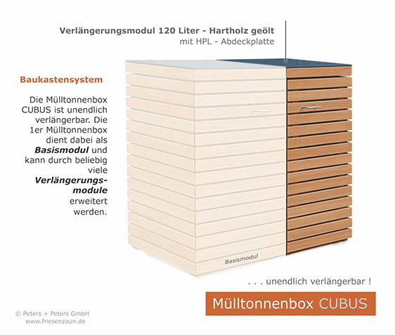 Hochwertige Verarbeitung und Beschläge aus Edelstahl = Mülltonnenbox CLASSIC aus FSC Hartholz - Oberfläche im Farbton Kastanie geölt. 