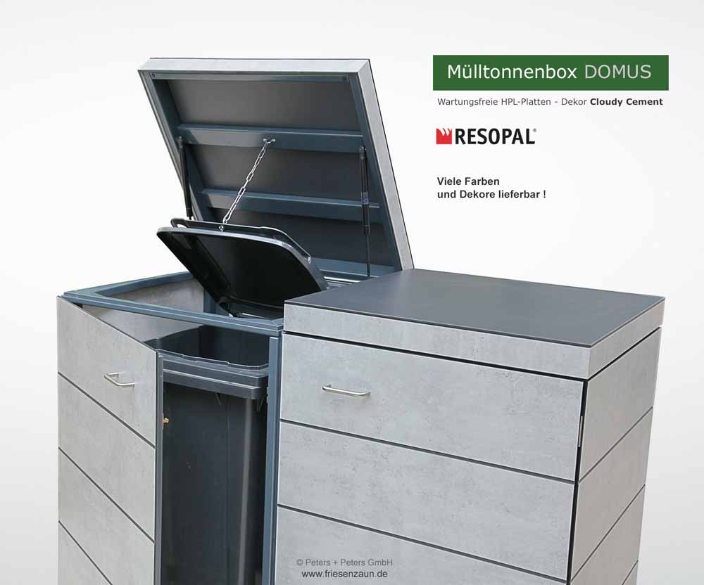 Moderne Mülltonnenbox DOMUS aus HPL-Dekorplatten - Tonnenhaus für 120 + 240 Liter  Abfalltonnen - unendlich verlängerbar - Gasdruckfedern