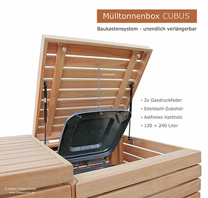 Hochwertige Verarbeitung und Beschläge aus Edelstahl = Mülltonnenbox CLASSIC aus FSC Hartholz - Oberfläche im Farbton Kastanie geölt. 