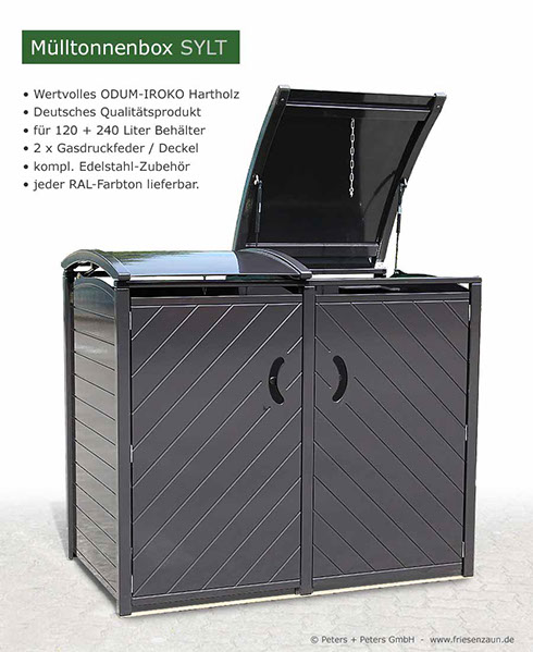 Sylter Mülltonnenbox aus wertvollem Hartholz für 120 Liter oder 240 Liter Mülltonnen. Mülltonnenverkleidung für den anspruchsvollen Kunden.