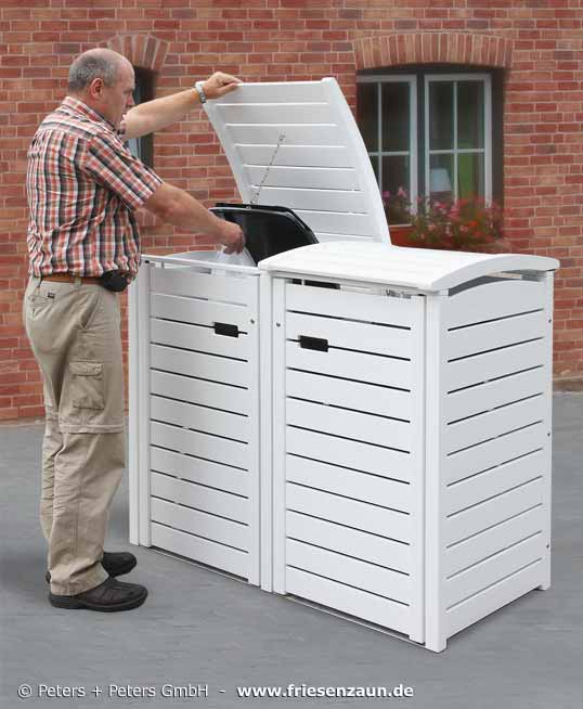 2er Müllbox aus Hartholz - weiß lackiert mit praktischer Einhandbedienung - Deckel Müllbox und Deckel Abfalltonne sind mit einer Kette verbunden